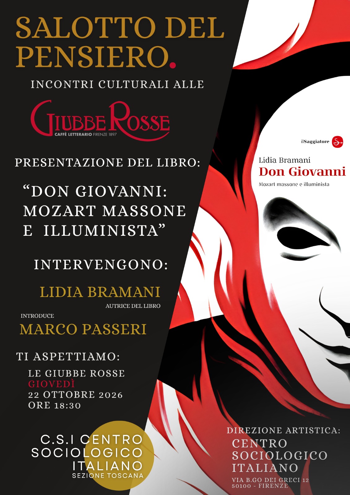 Locandina della presentazione di Don Giovanni di Lidia Bramani alle Giubbe Rosse, Firenze, 22 ottobre 2026 ore 18:30