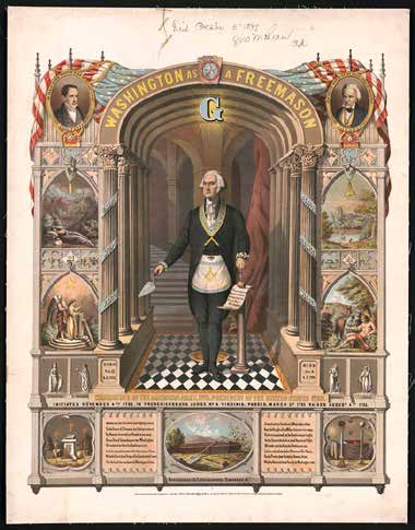 Raffigurazione di George Washington in abiti massonici, circondato da simboli e scene allegoriche