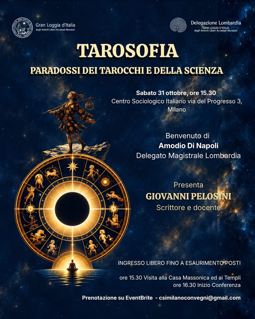 Locandina dell’incontro «Tarosofia. Paradossi dei Tarocchi e della Scienza» con Giovanni Pelosini, Milano, 31 ottobre 2026.